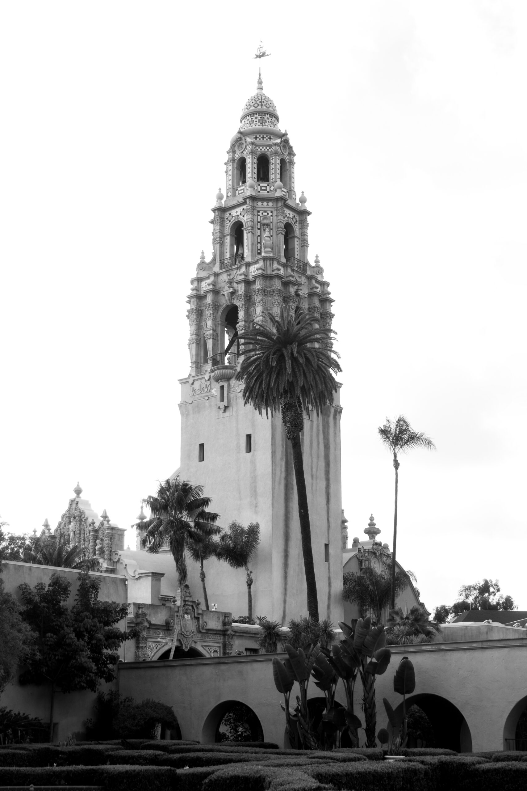 black and white photo of California Tower at Balboa Park