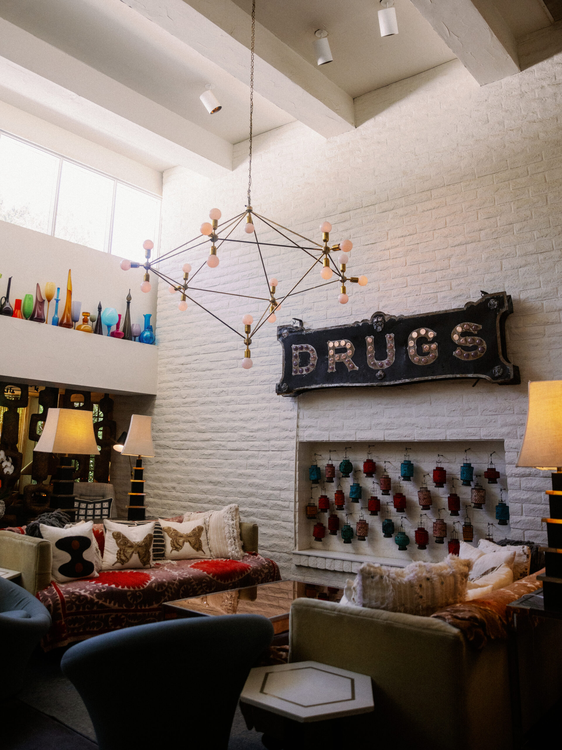 color film photo of drugs sign in lobby of Parker Palm Springs