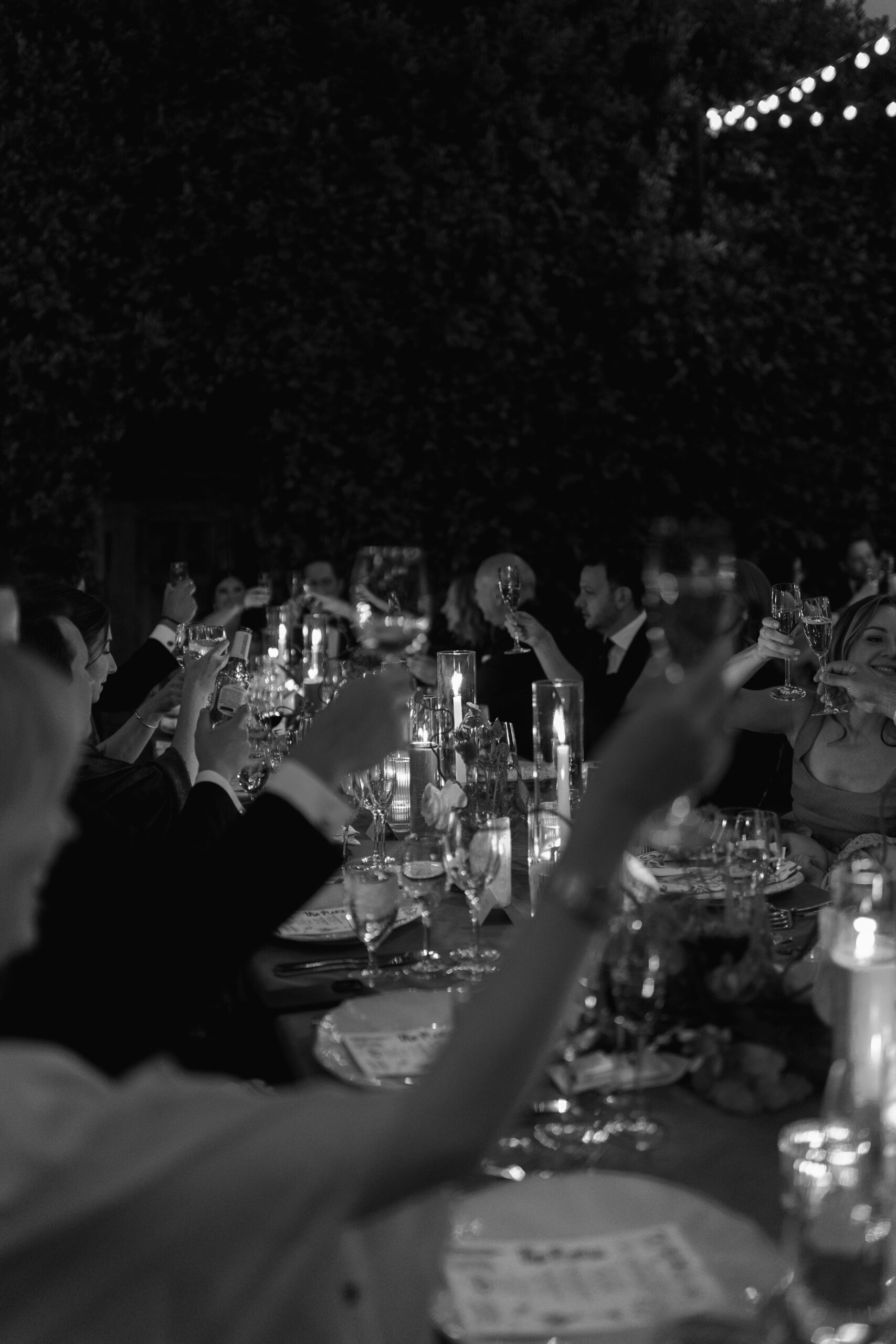 black and white close-up of toasting glasses during reception on banquet lawn at Parker