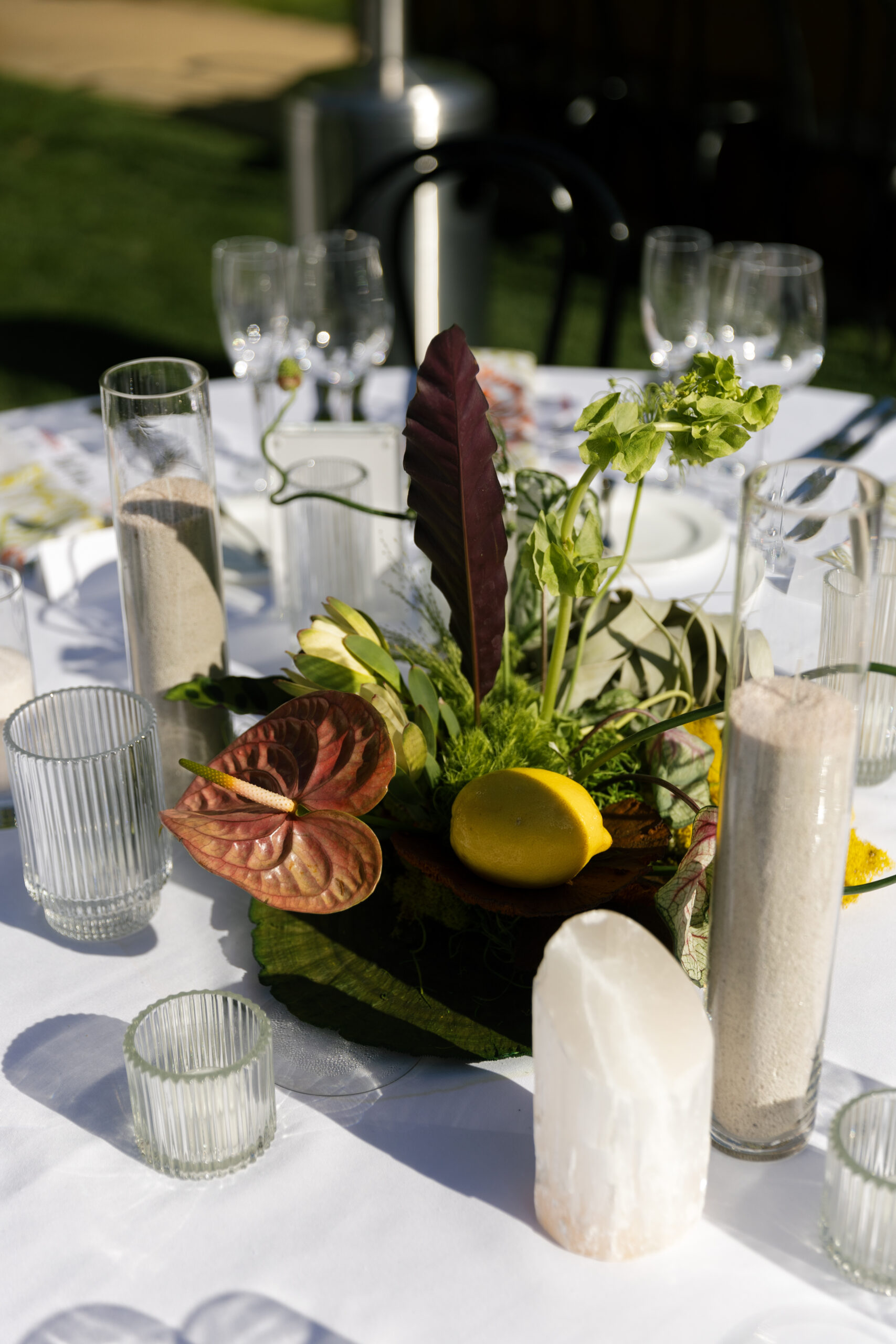 lemon and anthurium arrangement on table at Parker Palm Springs reception